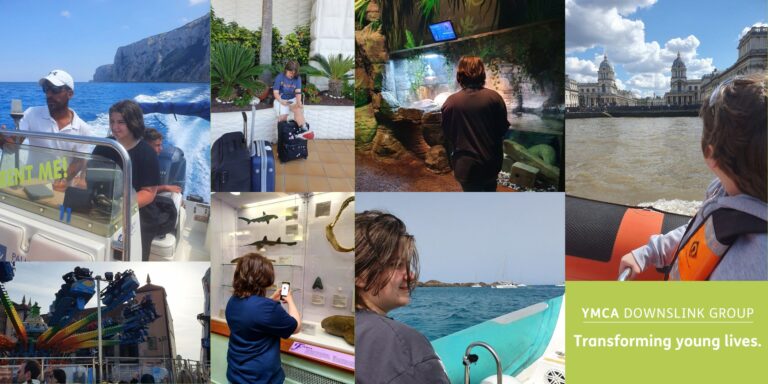 A collage of photos of Zach including him at museums, on boats, on rollercoaster rides and on holiday