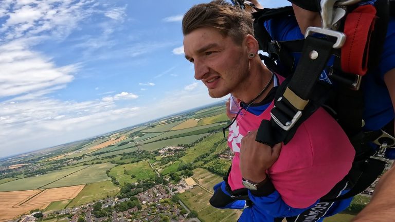 doug from mayday on his skydive after the parachute is pulled looking at the view