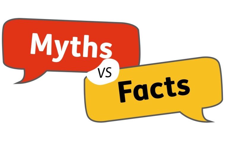 featured image for the grooming gangs blog. It has two speech bubbles, the red one says 'myths' and the yellow one says 'fact'